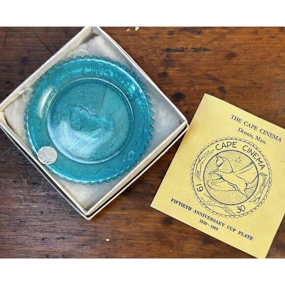 Vintage Pairpoint Glass Cup Plate Turquoise Cape Cinema Anniversary 1980 MA - Picture 1 of 8